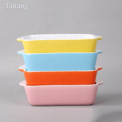 Home Use Kitchenware Rectangle Shape Stoneware Bakeware Tray Ceramic With Double Handle